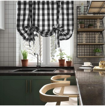 Black and white buffalo check lace-up curtains